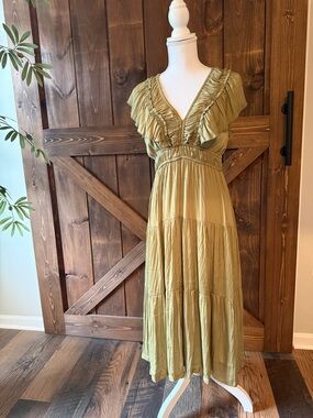 Tahari Olive Green Ruffle V-Neck Maxi Dress